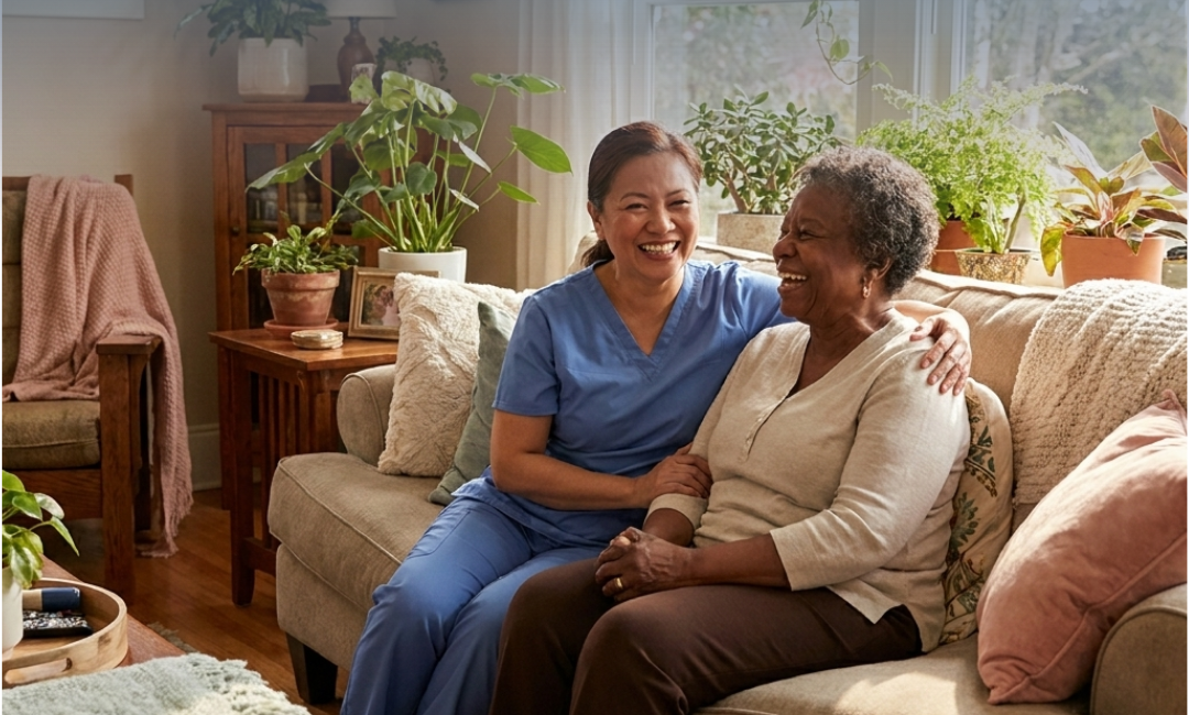 Care coordinator sitting with an aging parent at home